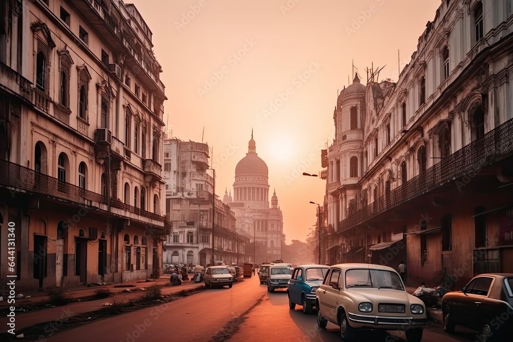Obraz na plátně Kolkata India centrum city in sunset