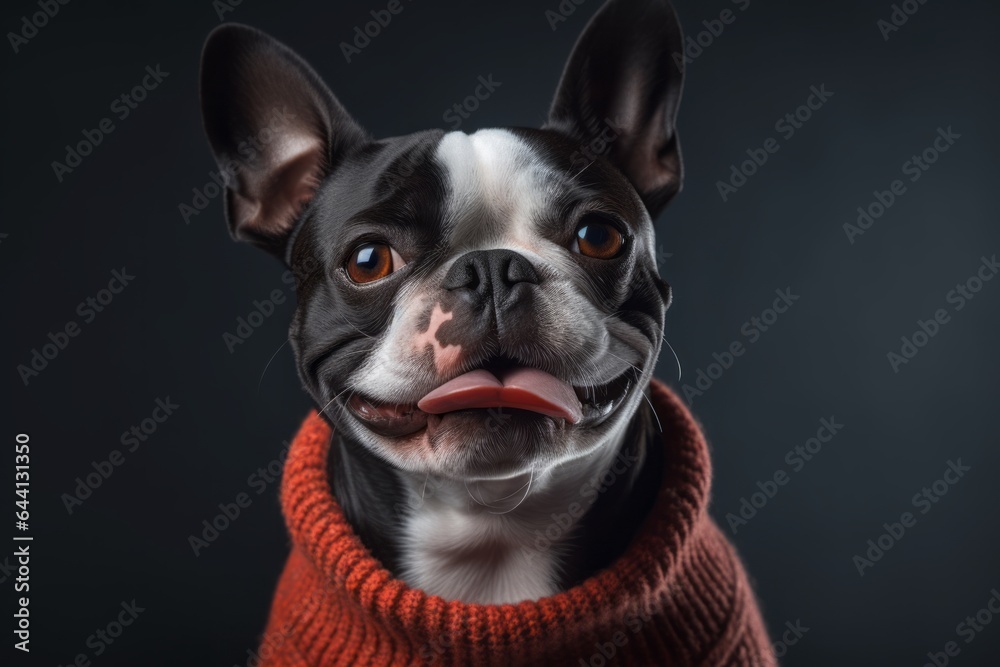 Close-up portrait photography of a happy boston terrier wearing a jumper against a dark grey background. With generative AI technology