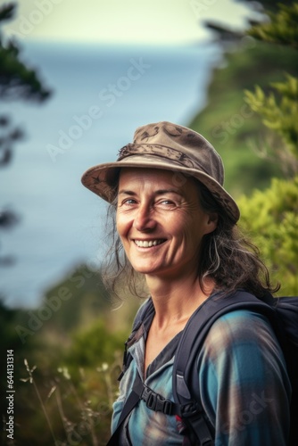 woman, nature and coastal forest hike portrait with happiness, freedom and summer for vacation