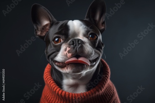 Close-up portrait photography of a happy boston terrier wearing a jumper against a dark grey background. With generative AI technology © Markus Schröder