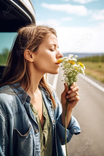 shot of a young woman smelling wild flowers while on a roadtrip in the countryside