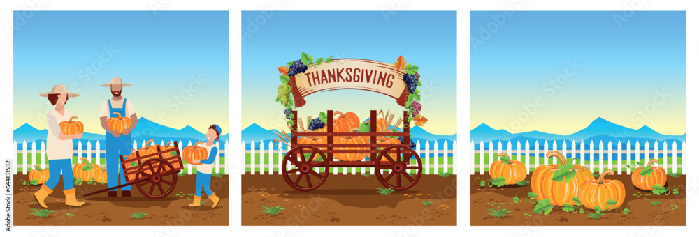 Vector set of illustrations happy family picking pumpkins in their garden, pumpkin harvest in a wooden wheelbarrow, field with ripe pumpkins. Happy Thanksgiving. Harvesting.