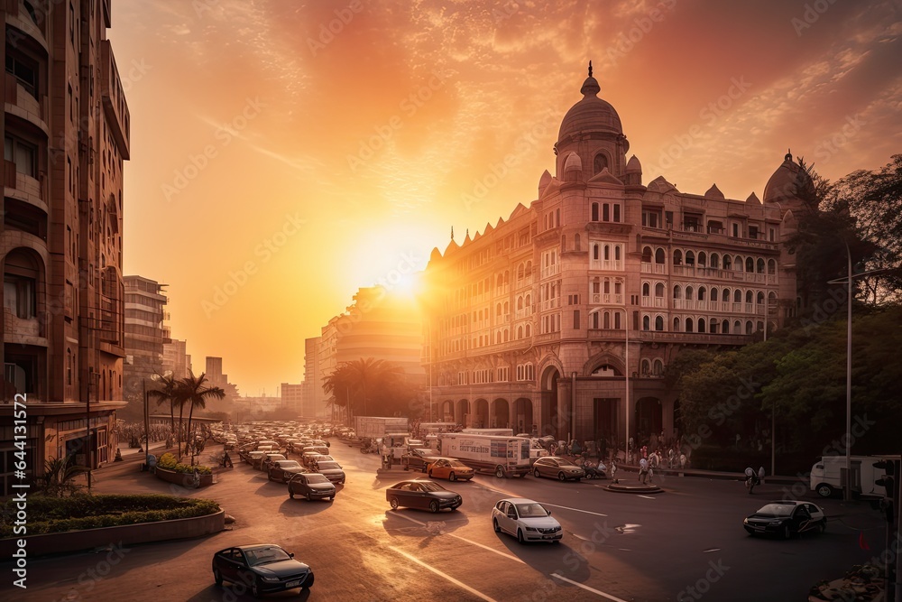  Mumbai India centrum city in sunset - obrazy, fototapety, plakaty 