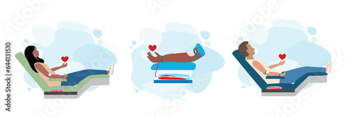 Blood donor. A volunteer at a medical center donates blood. Blood donation. World Blood Donor Day. Thanks for saving lives. Set of vector illustration for postcard, poster, media