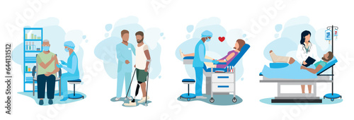 Doctor and patient vector illustration set. Patient in the ward with a broken leg, blood donor, vaccination of the elderly, prosthetic limbs. Thank you doctors and nurses.