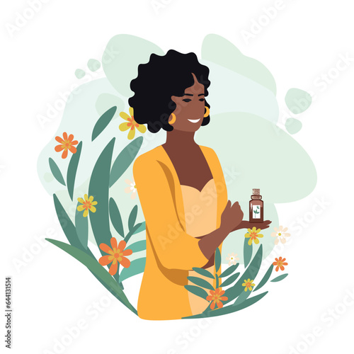 Beautiful girl holds a vial of medicinal herbs, aromatic oils or herbal tinctures in her hands. Alternative medicine vector background for advertising, flyers, social networks and copy space for text.