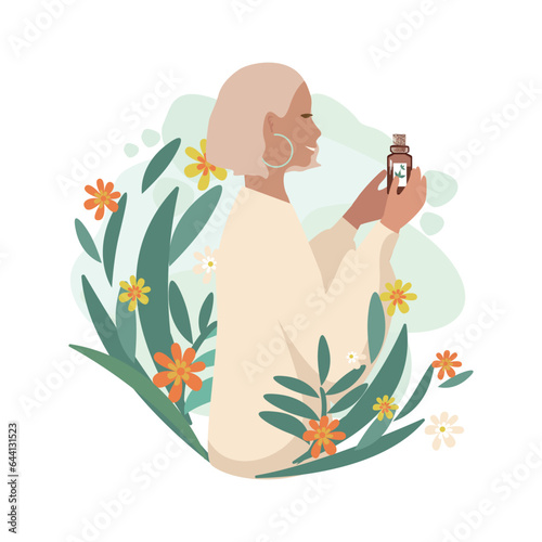 Beautiful girl holds a vial of medicinal herbs, aromatic oils or herbal tinctures in her hands. Alternative medicine vector background for advertising, flyers, social networks and copy space for text.