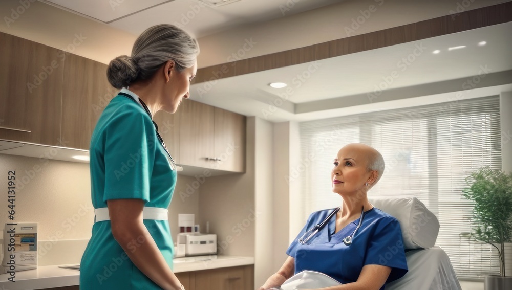 Obraz premium Orthopedist conducts the patient reception in the hospital. elder short woman with bald hairs take consult from medical specialist. Healthcare and wellness concept.