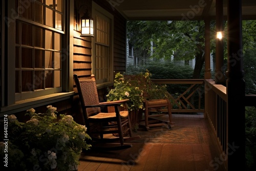 Cozy porch with dimly lit lamp, greenery, and entrance. Generative AI