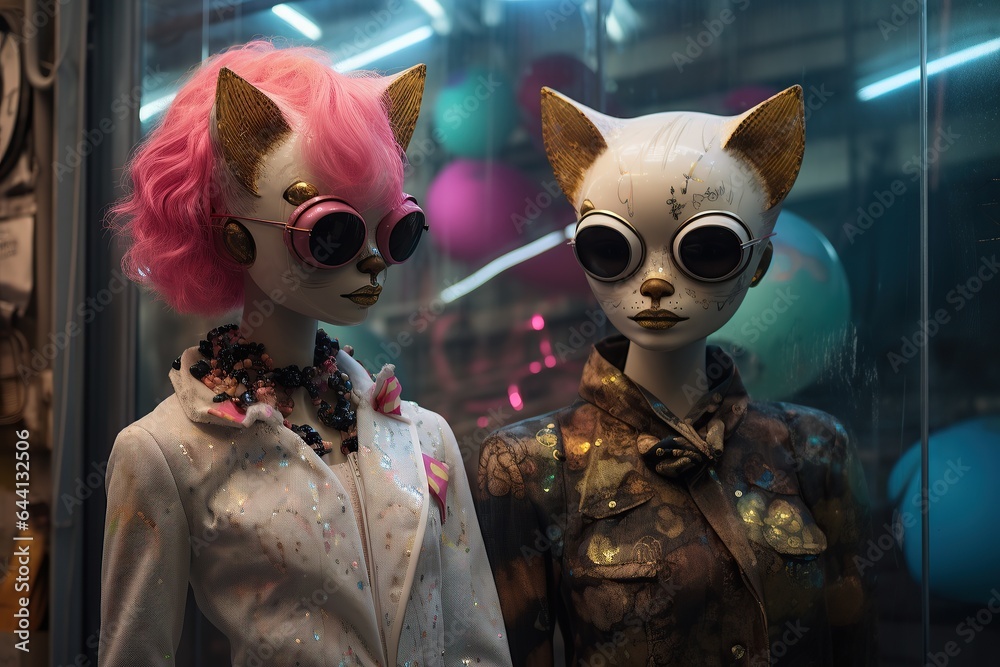 On halloween night, two mannequins wearing cat masks and sunglasses stare out with a mysterious air, evoking a playful yet eerie feeling of toys come to life