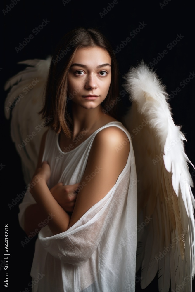 portrait of beautiful young woman wearing angel wings and posing in the studio portrait of beautiful young woman wearing angel wings and posing in the studio