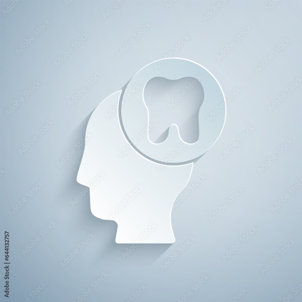 Paper cut Human head with tooth icon isolated on grey background. Tooth symbol for dentistry clinic or dentist medical center and toothpaste package. Paper art style. Vector Paper cut Human head with tooth icon isolated on grey background. Tooth symbol for dentistry clinic or dentist medical center and toothpaste package. Paper art style. Vector