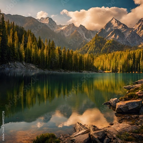 Beautiful nature landscape with mountains and lake © jaijai