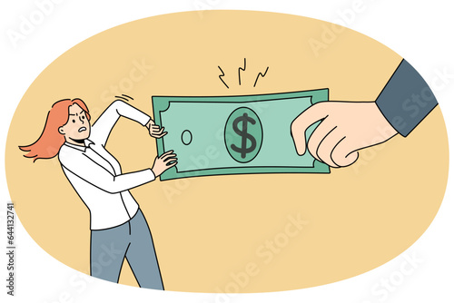 Huge hand taking banknote from desperate woman. Hand of state or bank get money from people. Tax and earning concept. Vector illustration.