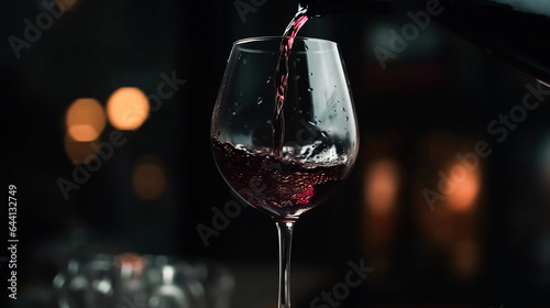 Pouring red wine into a glass while celebrating dinner against a bokeh background