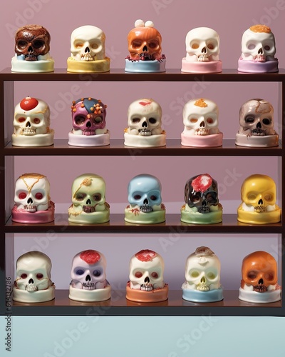 This spooky halloween scene of a shelf filled with a colorful collection of toy skulls and figurines evokes a feeling of nostalgia and mischievous delight photo