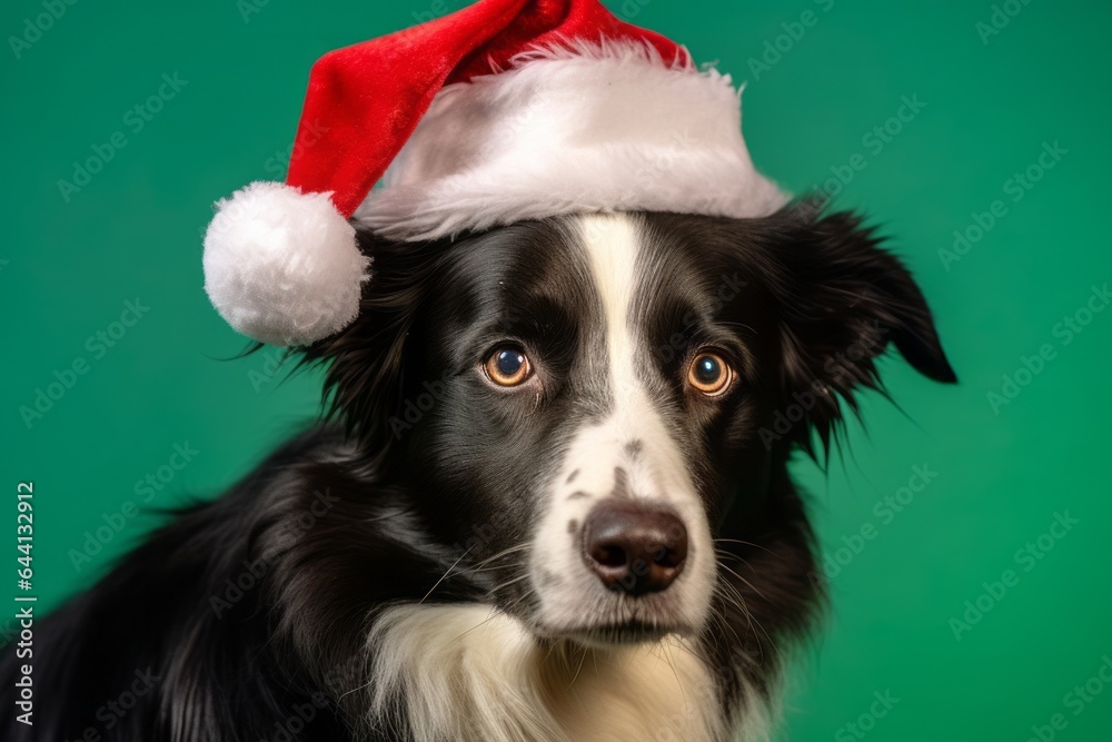 Photography in the style of pensive portraiture of a funny border collie wearing a christmas hat against a pastel green background. With generative AI technology