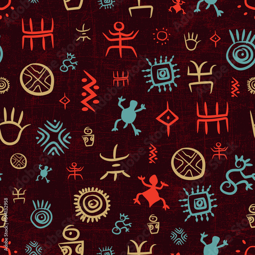 Multicolor native south american indigenous petroglyphs over a dark red worn out effect background
