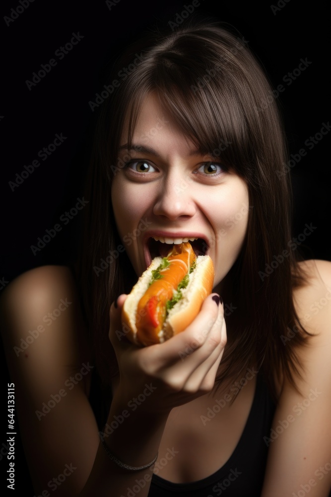 portrait of a young woman biting into a hot dog