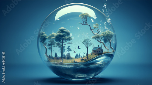 green planet and water save concept - green trees and water in glass ball with greenery around. Saving green environment and world environmental conservation concept © petrrgoskov