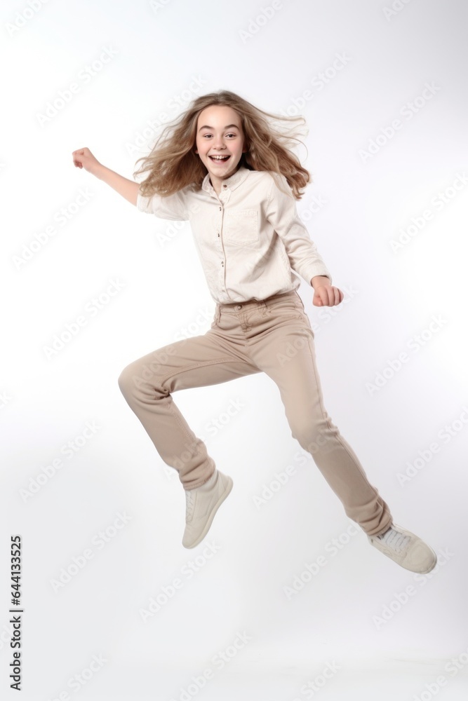 portrait of a cute teenage girl jumping against a white background