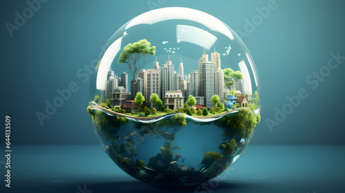 green planet and water save concept - green trees and water in glass ball with greenery around. Saving green environment and world environmental conservation concept