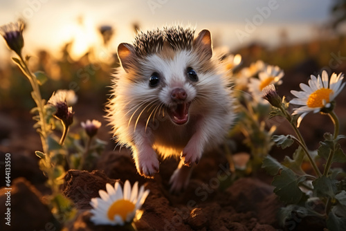  a hedgehog walks in a flower field © AKUN