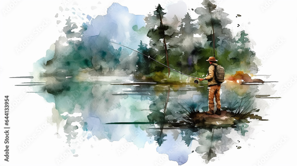 fisherman on a white background watercolor drawing poster. - obrazy, fototapety, plakaty 