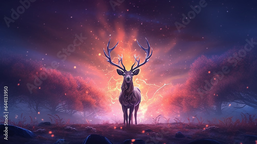 fantastic landscape lone deer fantasy style. dream fairy tale magic art. © kichigin19