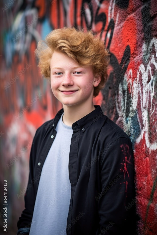 portrait of a cheerful young teenager standing in front of a wall with graffiti