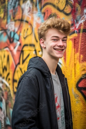 portrait of a cheerful young teenager standing in front of a wall with graffiti © Alfazet Chronicles