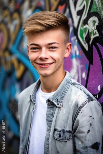 portrait of a cheerful young teenager standing in front of a wall with graffiti © Alfazet Chronicles