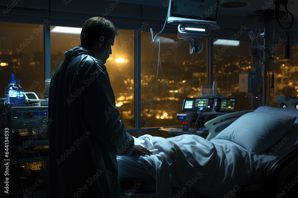 Nurse tends to a patient's empty bed in hospital. Conceptual AI photo