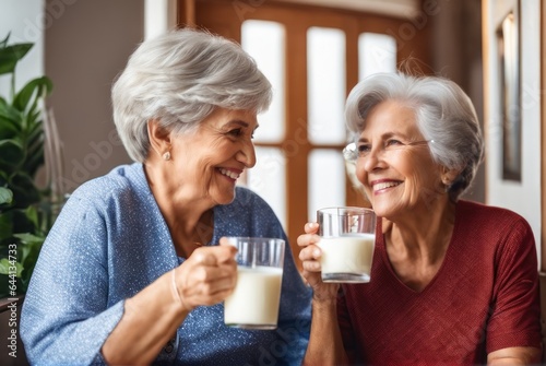 Happy positive Brother and Grandmother drinking milk in vestibule, holding glasses, keeping healthy hydration, diet, lifestyle, . Caring for family health, wellbeing