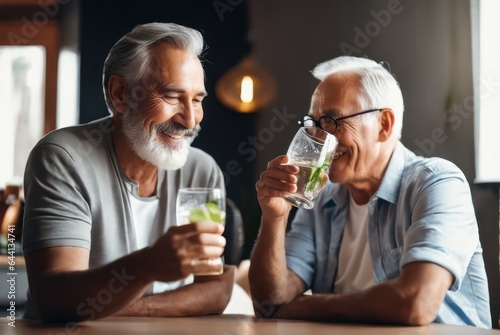 Happy positive Father and Grandfather drinking mineral water in den, holding glasses, keeping healthy hydration, diet, lifestyle . Caring for family health, wellbeing