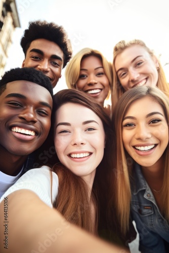 cropped shot of a group of young women and men taking a selfie together outside