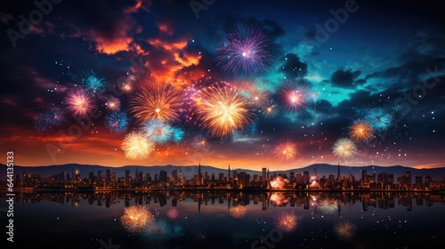 Fireworks Finale. A vibrant explosion of fireworks in the night sky, creating a beautiful display of colors and patterns.
