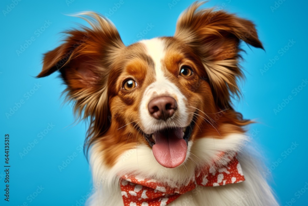 Close-up portrait photography of a cute papillon dog wearing a cooling bandana against a sky-blue background. With generative AI technology
