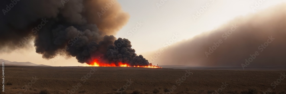 Fototapeta premium Air-force military bombing exercise. Nature pollution after burning rubber tires of car wheels, which caused black smoke to fly in the sky and mix with clouds. Smoke and fire on the ground Banner
