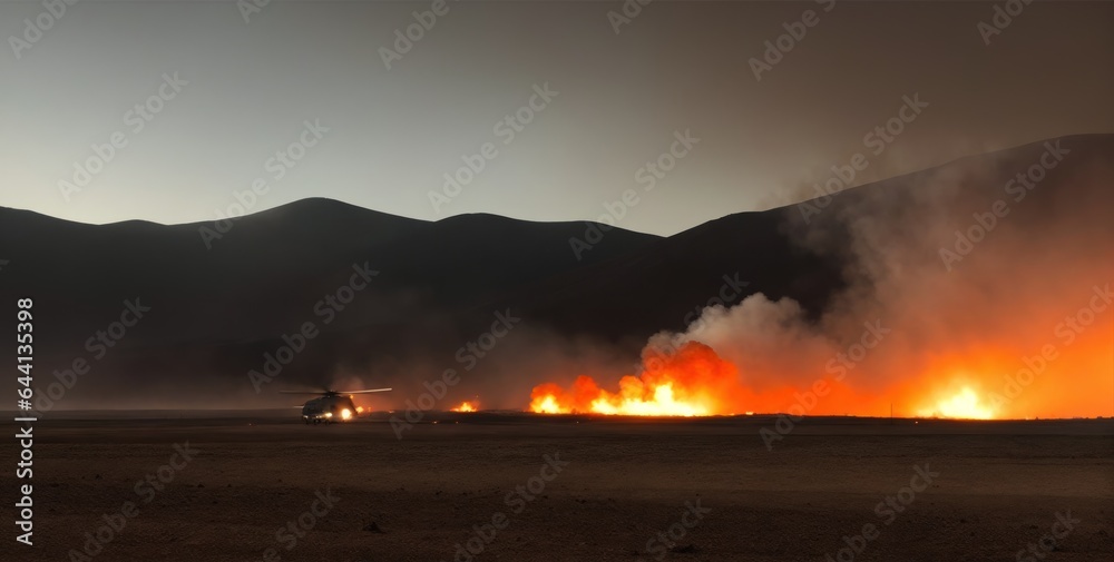 Obraz premium Air-force military bombing exercise. Nature pollution after burning rubber tires of car wheels, which caused black smoke to fly in the sky and mix with clouds. Smoke and fire on the ground Banner