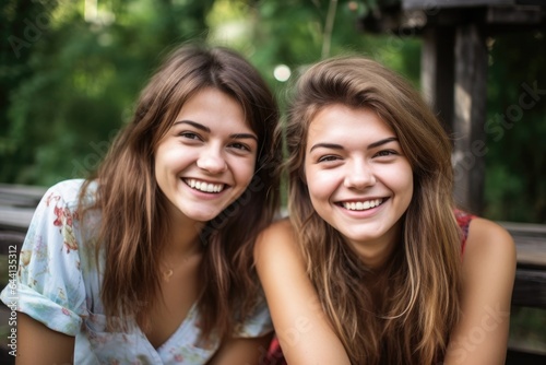 portrait of two smiling young women sitting outside