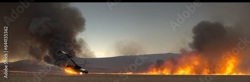 Air-force military bombing exercise. Nature pollution after burning rubber tires of car wheels, which caused black smoke to fly in the sky and mix with clouds. Smoke and fire on the ground Banner