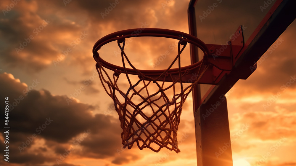 Street Basketball Hoop Basket Outdoors in Sunset Dawn Light with Fluffy Vibrant Pink Orange Clouds 