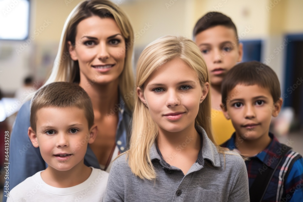 portrait of a mother and son with his friends at school