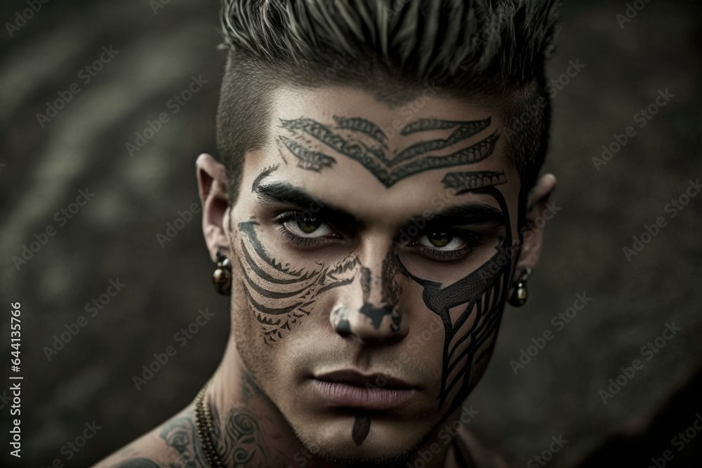 a young man with a tribal face tattoo