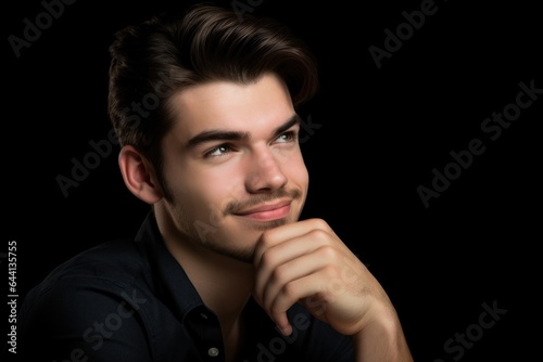 a handsome young man sitting isolated on black and touching his cheek