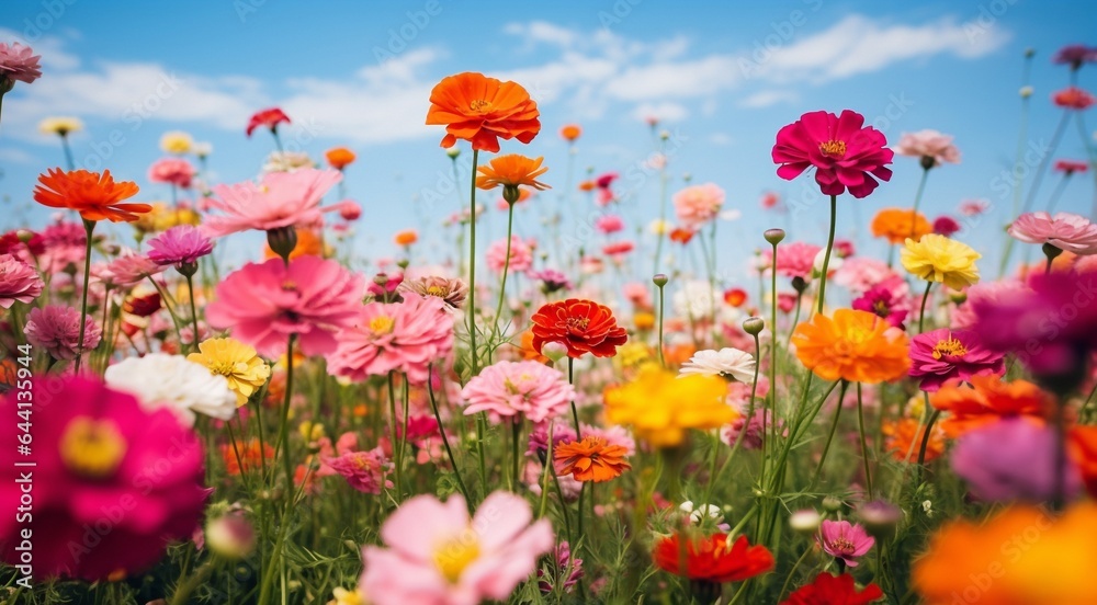field of flowers, flowers in the field, colored flowers under the sky, colored flowers, flowers field
