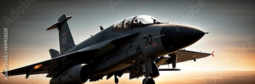 Military airplane fighter jet aircraft flying high above cloudscape landscape against blue clouds sky background. Aerial top down view of modern supersonic plane.. Panoramic banner