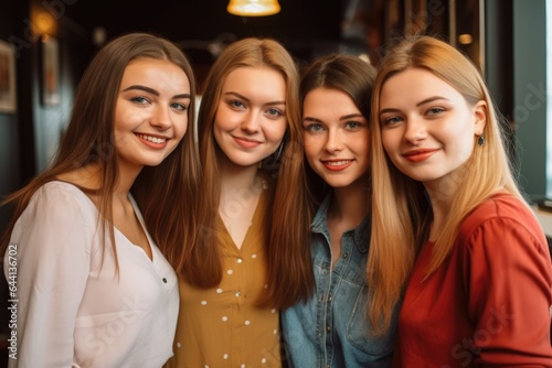 three beautiful young women and a friend standing in their while looking at you