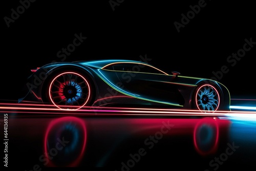 Contemporary  streamlined  high-performance vehicle adorned by vibrant illuminated neon lights. Generative AI